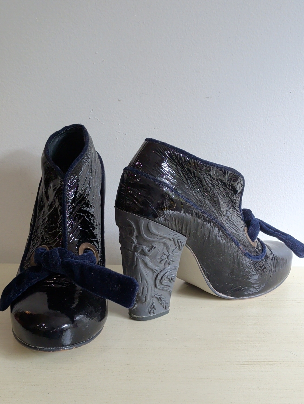 Fly London Navy Blue Patent Leather Block Heel Ankle Boots Size 37